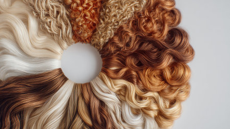 A stunning circular arrangement showcasing a variety of hair textures and colors. Ideal for beauty and hairstyle inspiration, this image captures the essence of diversity in hair care.の素材
