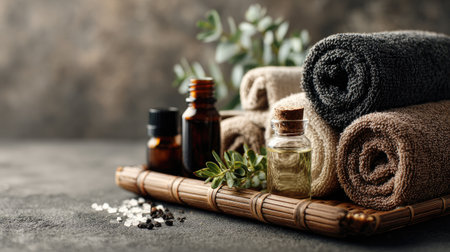 A minimalist display featuring soft towels, essential oils, and natural elements, perfect for promoting relaxation and self-care in wellness and spa settings.の素材