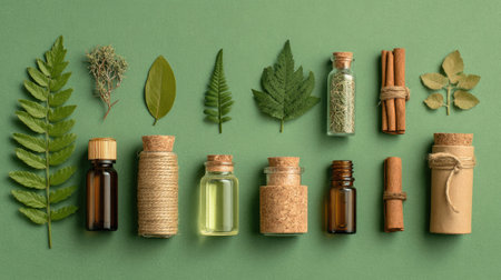 Discover a serene arrangement of natural ingredients including essential oils, herbs, and leaves, symbolizing wellness, relaxation, and eco-friendly living.の素材