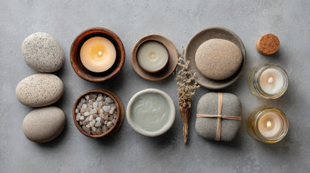 A serene spa setup featuring soothing candles, smooth stones, and organic elements arranged artfully on a grey background, perfect for conveying themes of wellness and relaxation.の素材