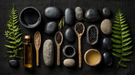 This serene flat lay features natural stones, herbs, oil, and wooden spoons arranged artfully on a dark background, perfect for wellness and relaxation themes.の素材