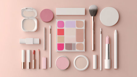 Beautiful arrangement of various makeup products on a soft pink surface, showcasing a blend of colors and tools ideal for beauty lovers and artists alike.の素材
