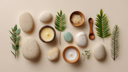 Explore a calming arrangement of stones, candles, and lush greenery on a neutral backdrop, perfect for promoting wellness and tranquility in any serene space.の素材
