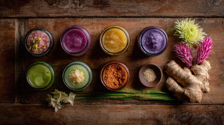 A visually striking display of colorful natural food ingredients in jars, featuring vibrant purees made from fruits and vegetables, fresh herbs, and spices.の素材