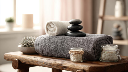 A serene spa setting featuring neatly rolled soft towels, smooth black stones, and calming decorative elements. Ideal for promoting relaxation and wellness themes.の素材