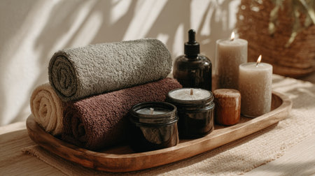 Create a serene atmosphere at home with soft towels, decorative candles, and aromatherapy essentials arranged beautifully on a wooden tray for relaxation and wellness.の素材