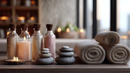 Discover a tranquil spa setting featuring essential oils, smooth stones, lit candles, and plush towels, perfect for relaxation and self-care in a calming environment.の素材