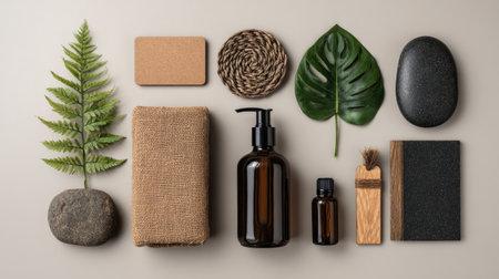 A serene arrangement of spa elements including stones, plants, and natural skincare products on a neutral background, perfect for wellness and relaxation themes.の素材