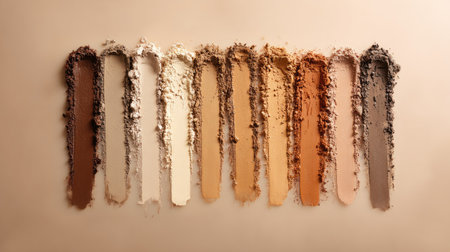 A stunning display of makeup powders ranging from deep to light shades rests on a smooth surface, highlighting the diversity of beauty products available for makeup enthusiasts.の素材
