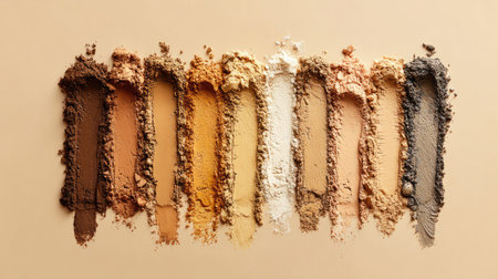 This image showcases an artfully arranged selection of vibrant makeup powders in various shades on a soft neutral background, ideal for beauty and cosmetic inspiration.の素材