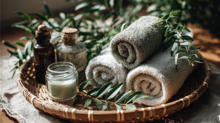 A tranquil spa setting featuring rolled towels and natural elements, designed for relaxation and self-care, creating a soothing atmosphere for wellness rituals.の素材