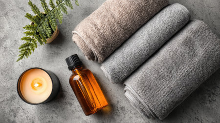 This image captures a tranquil spa setting with folded towels, glowing candle, and essential oil, creating a perfect space for relaxation and self-care.の素材