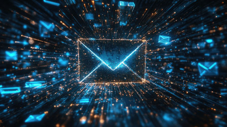 Abstract glowing email icon with digital particle effects and futuristic backgroundの素材