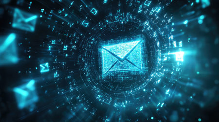 Abstract glowing email icon with digital particle effects and futuristic backgroundの素材