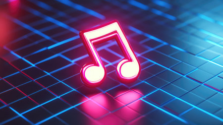 D rendered music icon floating on a digital blue grid backgroundの素材