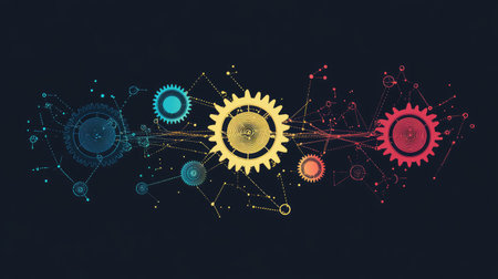 Abstract illustration of interconnected gears in colorful vector clip art styleの素材