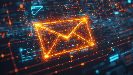 Abstract glowing email icon with digital particle effects and futuristic backgroundの素材