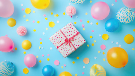 Birthday celebration flat lay with gift box open, releasing an explosion of balloons and bright confetti across the tableの素材