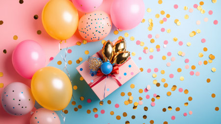 Birthday flat lay with a gift box bursting with balloons and metallic confetti, surrounded by bright party decorationsの素材
