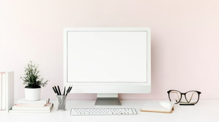 Bright workspace background with monitor, stack of books, and stylish accessoriesの素材
