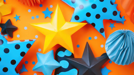 Bright fun background with polka dots, stars, and bold color shapes randomly placedの素材
