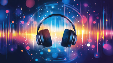 Circular music icon featuring a headphone silhouette with waveform backgroundの素材
