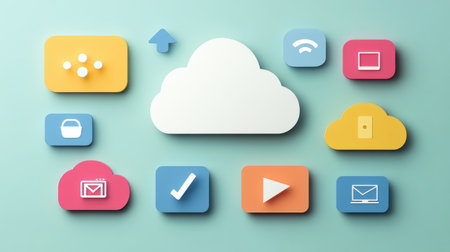 Cloud computing icons including storage, upload, and share symbols for web appsの素材
