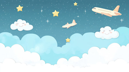 Cloudy sky background with cartoon airplanes and smiling starsの素材