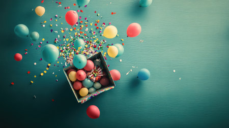 Colorful balloons and confetti escaping a birthday gift box, captured in an overhead festive flat lay photoの素材
