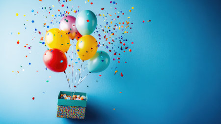 Colorful balloons and shiny confetti escaping from a birthday gift box, captured in a joyful flat lay compositionの素材