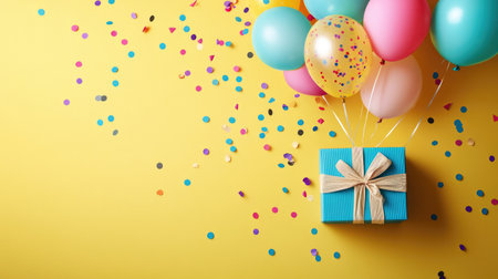 Colorful balloons and shiny confetti escaping from a birthday gift box, captured in a joyful flat lay compositionの素材