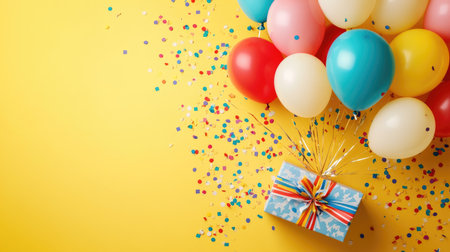 Colorful balloons and confetti spreading from a gift box in a top-down birthday party flat lay with festive elementsの素材