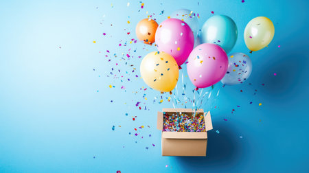 Colorful latex balloons and confetti escaping a birthday gift box in a top-down festive flat lay compositionの素材