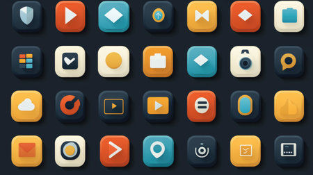 Colorful flat design icons for web interface design like menu, share, and settingsの素材