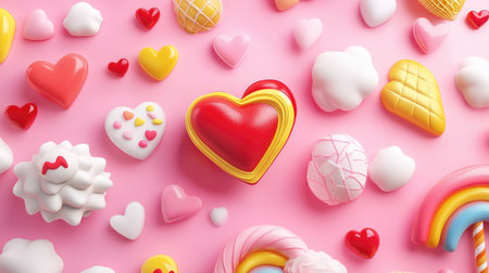 Cotton candy background with floating hearts, rainbows, and sweetsの素材