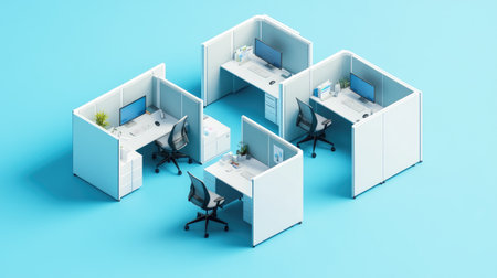 Cubicle-style office layout with partition walls, swivel chairs, and personal desk itemsの素材