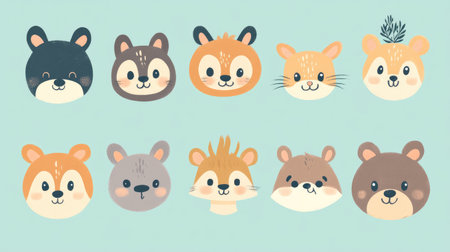 Cute animal cartoon faces arranged over a cheerful pastel backgroundの素材