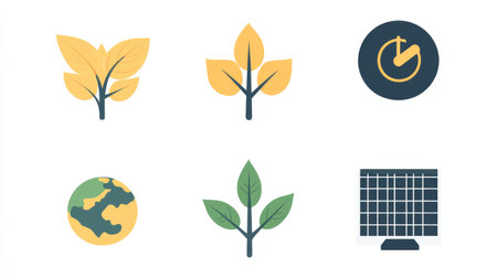 Environmental conservation icons featuring tree, leaf, globe, and solar energyの素材
