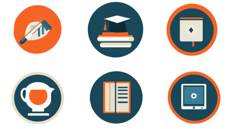 Education-themed icons like books, graduation cap, computer, and online courseの素材
