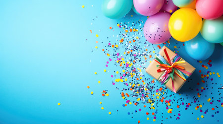 Festive birthday party flat lay showing a gift box spilling multi-colored balloons and glitter confetti in celebrationの素材