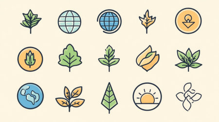 Environmental conservation icons featuring tree, leaf, globe, and solar energyの素材
