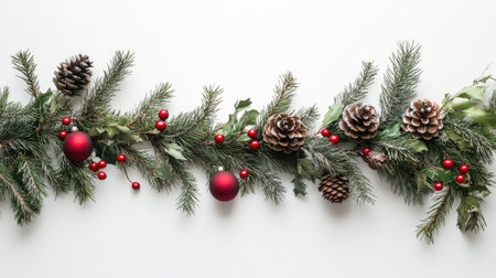 Festive winter garland with pinecones, berries, and ornaments over white backgroundの素材