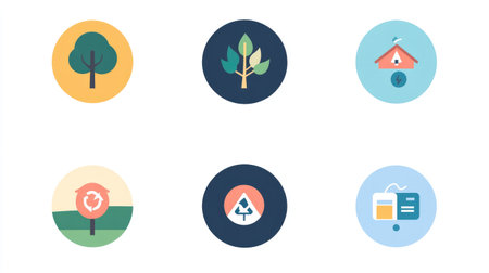 Flat icons for sustainability including tree, recycle bin, water drop, and energy meterの素材