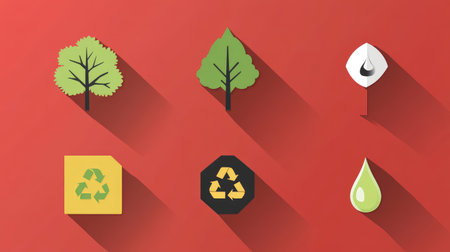 Flat icons for sustainability including tree, recycle bin, water drop, and energy meterの素材