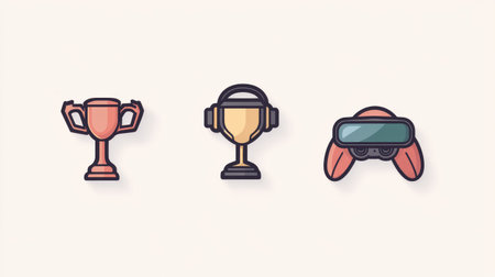 Gaming and virtual reality icons showing controller, VR headset, joystick, and trophyの素材