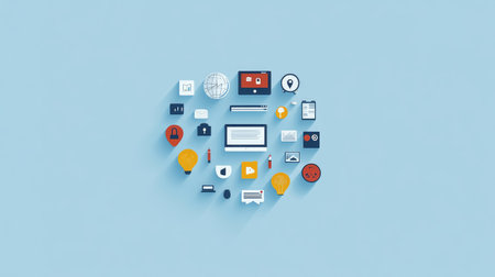 Flat vector web icons arranged in circular pattern over tech-blue backgroundの素材