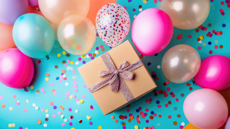Flat lay of birthday balloons and confetti bursting from a gift box, arranged on a colorful party surfaceの素材