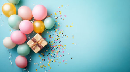 Flat lay birthday party setup with gift box spilling multicolored balloons and glitter confetti on a clean surfaceの素材