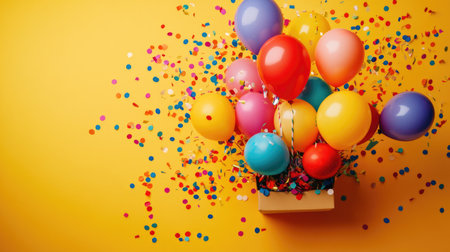 Flat lay of colorful balloons and confetti bursting out of a gift box on a bright background, celebrating a birthday party atmosphere with vibrant colorsの素材