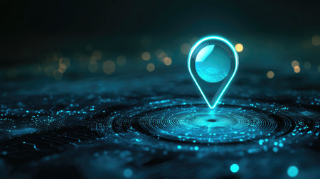 Glowing location marker icon on dark gradient tech background for GPS technology conceptsの素材